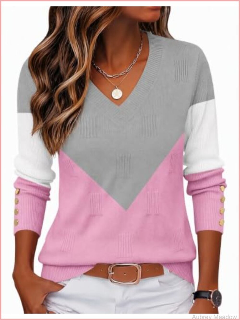 Women's V-Neck Pullover Sweater - Ribbed Knit, Button Cuff, Lightweight